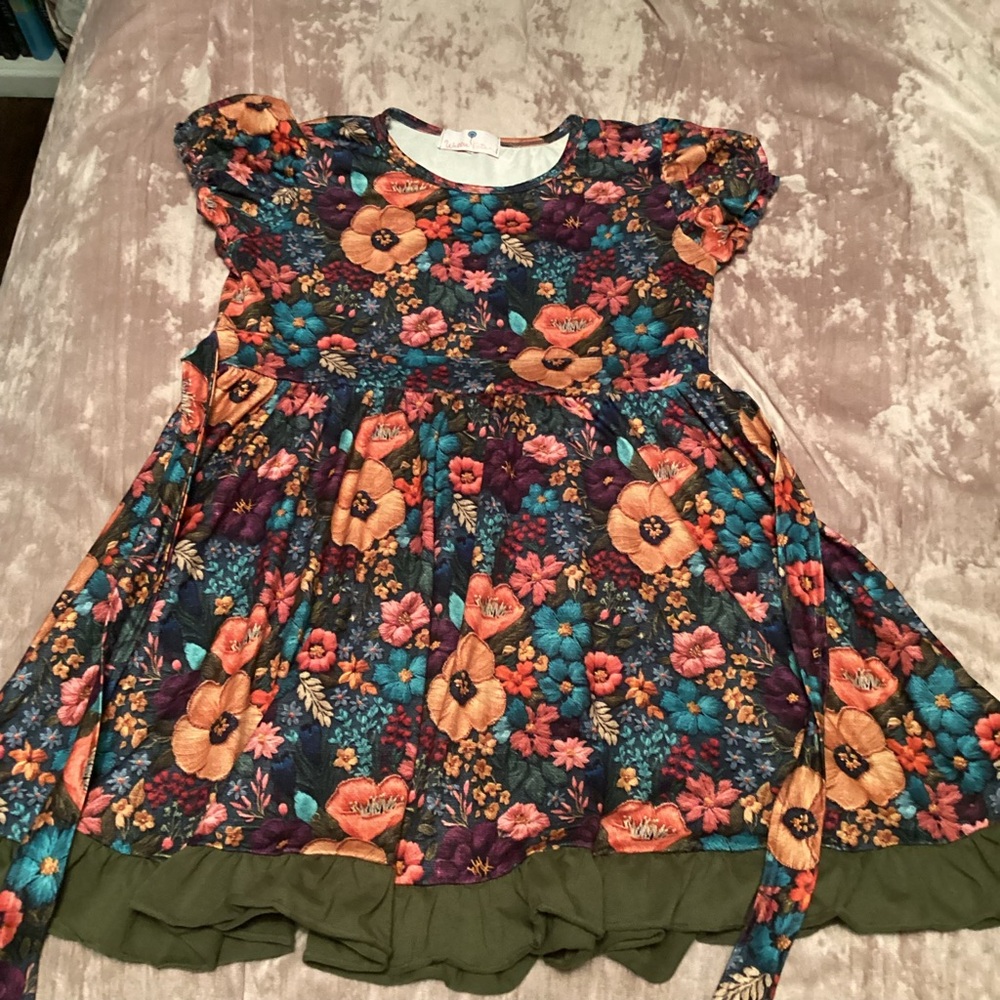 Wellie Kate Floral Kids Dress with Green Ruffle Accents tie back jewel tones 14